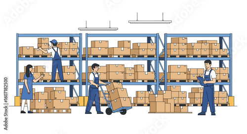 Warehouse workers organizing loading docks and storing cargo boxes on shelves for efficient distribution and inventory management operations