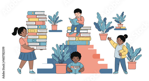 Children discovering the joy of reading and learning through books and plants