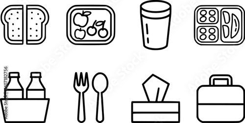 Sandwich lunchbox drink fork spoon tissue box and briefcase bread apple