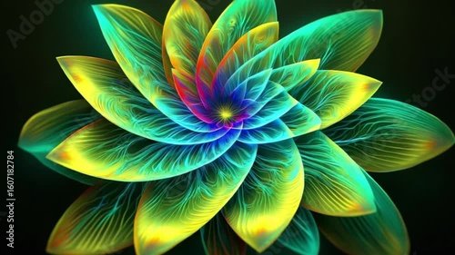 Hypnotic Neon Flower Bloom Psychedelic Animated Rotating Colorful Petals Vibrant Energy Abstract Floral Design 4 K Ultra H D Seamless Loop Background Motion Graphics Visual