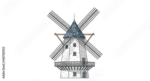 A detailed illustration of a traditional white windmill with four rotating blades on a white background