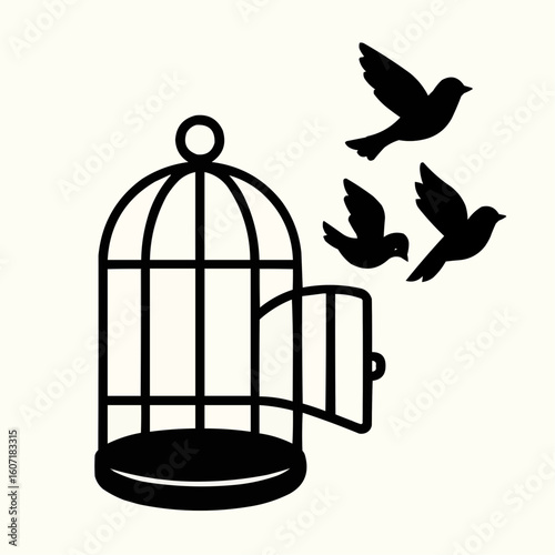 Golden vintage birdcage, isolated with an open door, a symbol of freedom from a metal prison, in a vector illustration