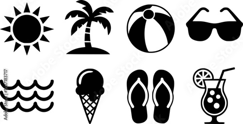 Summer beach vacation icons sun palm tree ball sunglasses waves ice cream flip flops cocktail