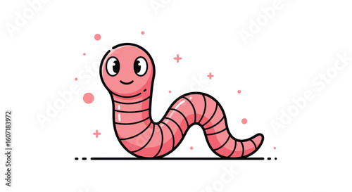 Adorable animated pink earthworm wriggling happily in the dirt and twinkling stars