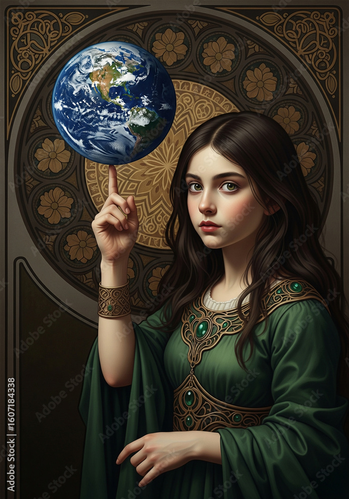 Fototapeta premium Guardian of Earth: Hyperrealistic Art Nouveau Portrait