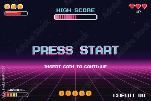 PRESS START. INSERT A COIN TO CONTINUE. pixel art .8 bit game. retro game. for game assets. Retro Futurism Sci-Fi Background. glowing neon grid. and stars from vintage arcade computer games