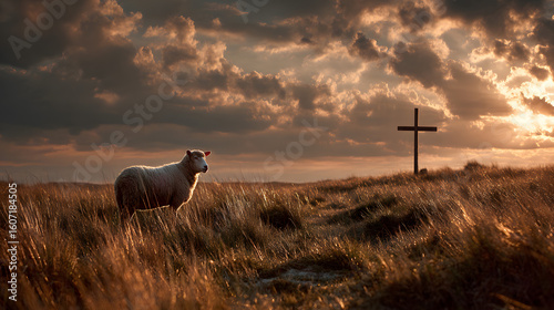Lamb of god christian cross at sunset religious easter background wallpaper stock photo free download image