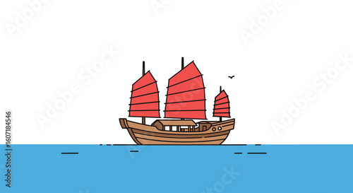Traditional chinese junk boat with red sails floating gracefully on the blue ocean waters under a clear white sky