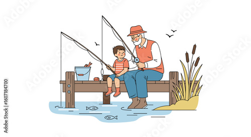 Grandfather and grandson enjoying a peaceful day fishing together on the dock casting lines into the water