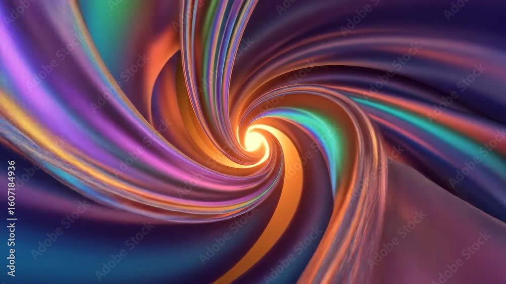 Vibrant abstract spiral vortex with glowing center, showcasing a mesmerizing blend of iridescent colors and dynamic motion.