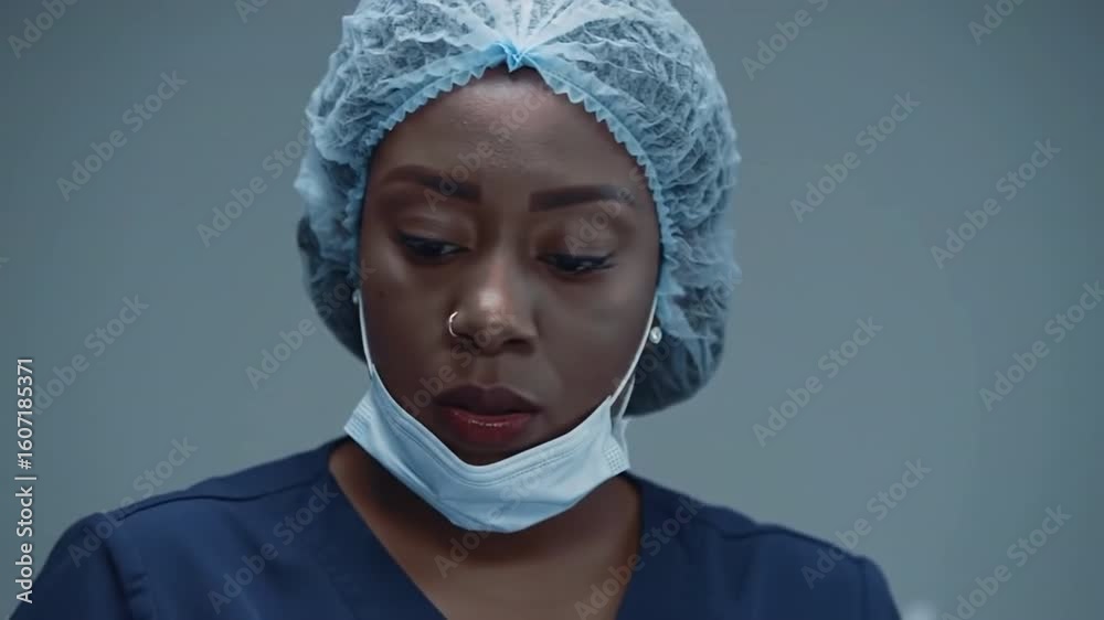A woman in surgical attire looking down, suitable for medical, healthcare, and professional concepts in design projects.