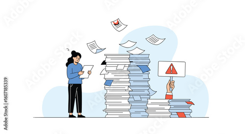 A woman examining piles of documents and papers while a hand points to a warning sign on a stack of files representing disorganized business processes and data management