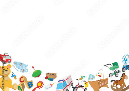 Cartoon style baby toys forming a bottom border on a white background, creating a playful and colorful design
