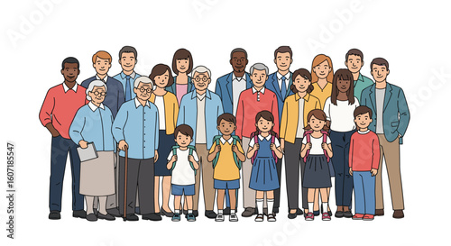 A diverse group of people standing together representing community and connection across generations