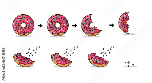 Delicious pink frosted donut being eaten and crumbling into small pieces over time