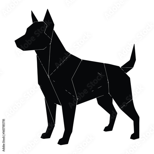 Silhouette of a black origami dog standing on a white background for design and decor