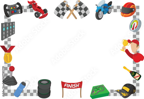 Checkered flags, racing car, motorcycle, helmet, and other elements form a dynamic frame, ideal for motorsport themed designs