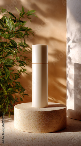 White Cosmetic Bottle on Beige Stone Pedestal with Green Plant