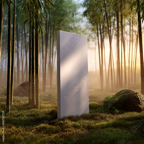 White Rectangle in a Misty Bamboo Forest at Sunrise