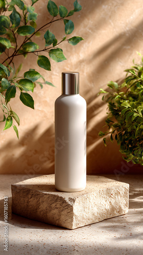 White Cosmetic Bottle on Beige Stone with Green Plants and Sunlight