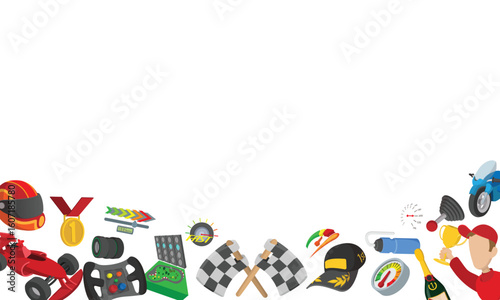 Racing driver celebrating victory with trophy, helmet, checkered flags, steering wheel, and other racing icons in cartoon style