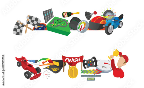 Racing driver celebrating victory with cup and finish line banner with racing icons like car, helmet, speedometer