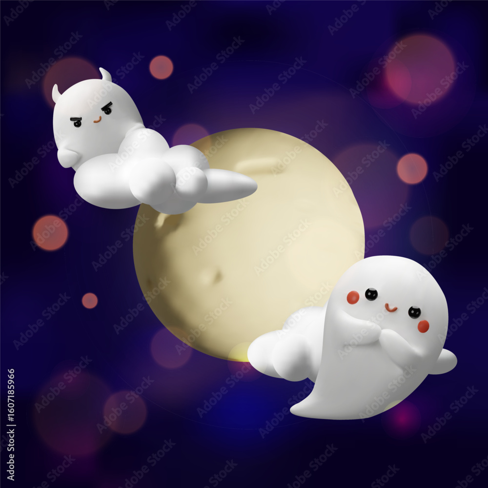Obraz premium A 3D Halloween composition showing two charming ghost characters floating in front of a glowing full moon. Soft clouds and dreamy bokeh effects create a magical and festive night scene.