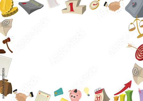 Cartoon style business and finance icons create a border around a white space, perfect for adding custom text or designs