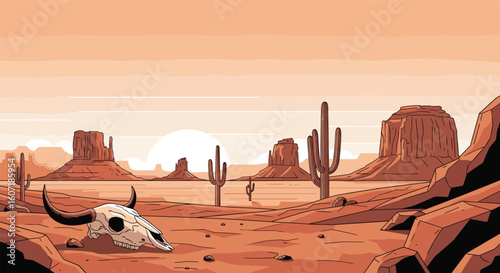 Vast arid desert landscape under a blazing sun with towering rock formations and a lone bull skull