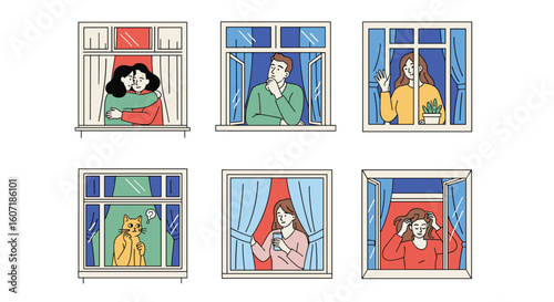 People observing the world outside their windows during a period of isolation and introspection