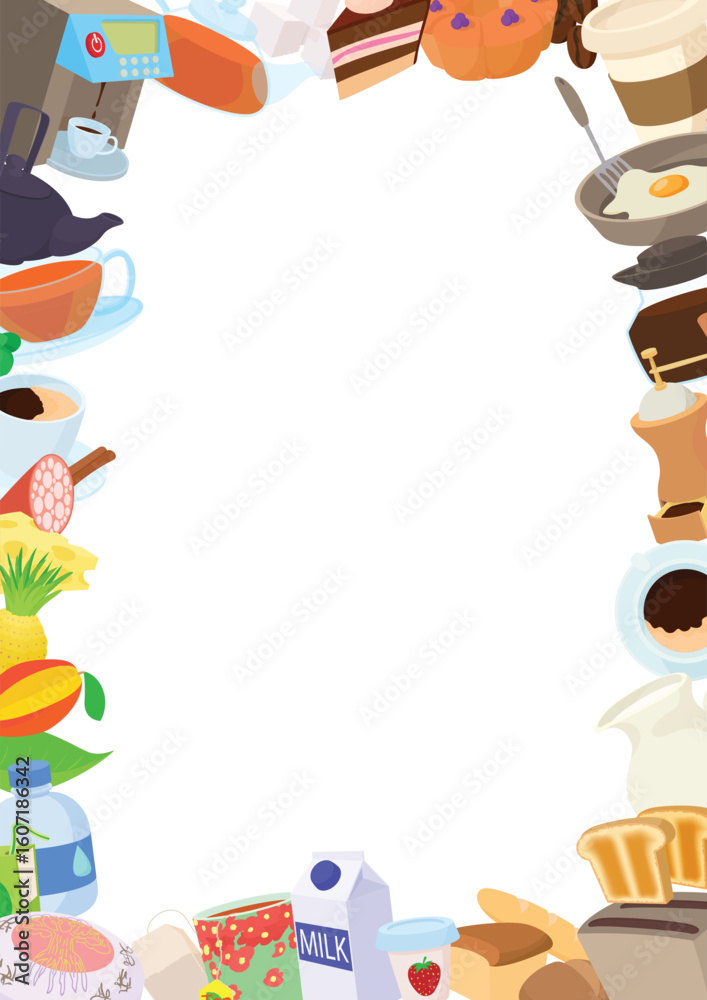 Fototapeta premium Colorful frame composed of various breakfast food, drinks, and kitchenware, surrounding an empty space
