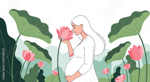 A pregnant woman enjoys the fragrance of pink lotus flowers in a serene garden
