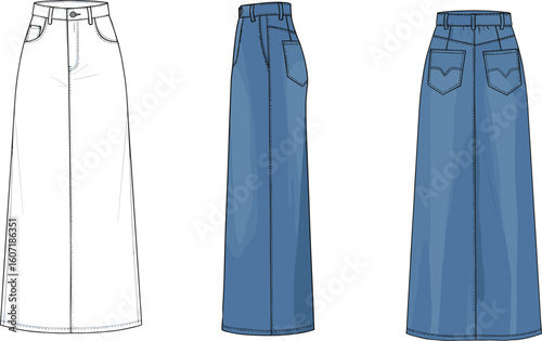 Flat sketch of long denim skirt with pockets and topstitching — front, side, and back technical fashion illustration