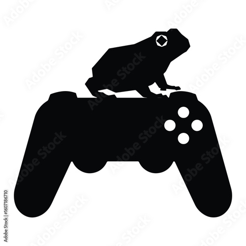 Silhouette of a frog resting on a gaming controller with a white background