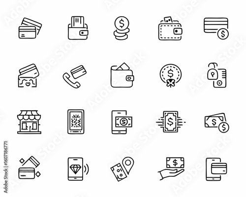 Collection of hand drawn financial and payment icons for digital use