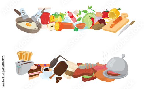 Two colorful banners presenting various food items, symbolizing different meals throughout the day