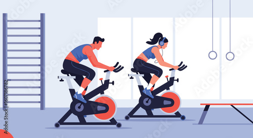 People enjoying indoor cycling workout together in a modern fitness studio