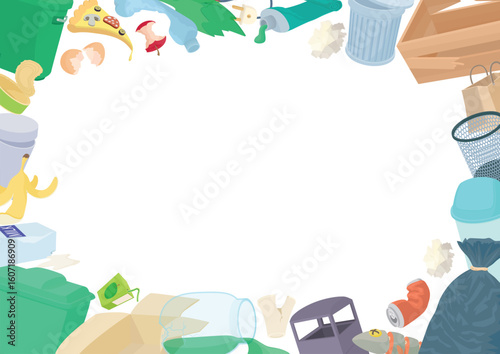 Frame made of different garbage items promoting recycling and waste management