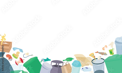 Various overflowing trash cans, garbage bags, and scattered waste illustrate waste management issues and environmental pollution