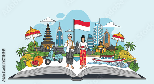 Exploring the vibrant culture and iconic landmarks of indonesia through an open storybook