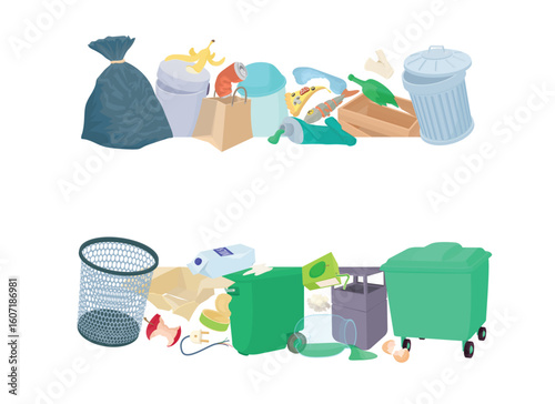 Overflowing trash cans and garbage bags highlight waste disposal challenges and the need for effective waste management solutions