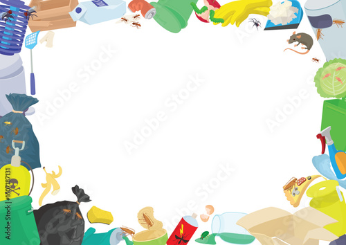 Cartoon vector illustration of pest control frame with garbage, insects and rodents surrounding white copyspace