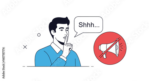 Man signaling silence and loudspeaker icon with a line through it illustrating noise reduction