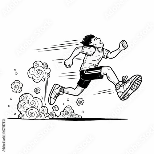 Man running with speed lines and dust clouds illustration art