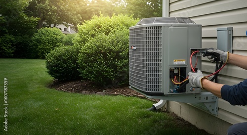 Technician performing maintenance on an outdoor air conditioning unit compressor installed on the exterior wall of a residential home. Concept of HVAC repair, seasonal maintenance, and energy efficien