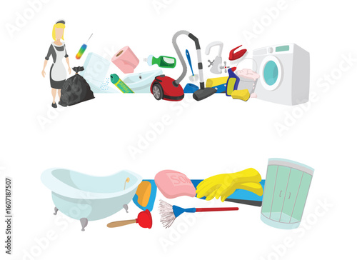 Cleaning lady holding a garbage bag, surrounded by cleaning tools and equipment, including a vacuum cleaner, washing machine, bathtub, and various cleaning supplies