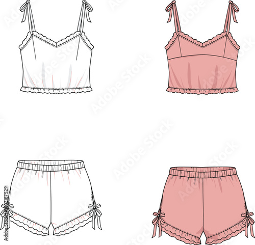 Flat sketch of women’s ruffle-trim sleepwear set with bows — camisole and shorts front and back fashion illustration