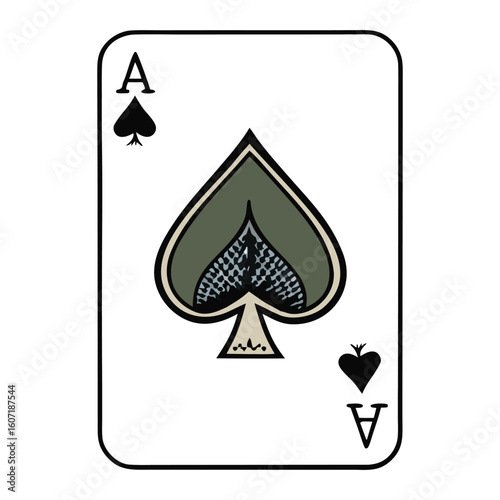 A bold ace of spades design featuring a large black spade symbol with intricate patterns, often the most ornate card in the deck, symbolizing power, mystery, and luck.

