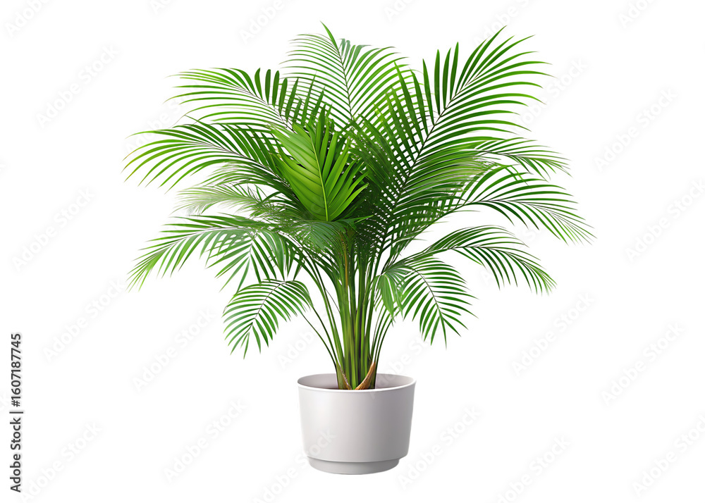 Obraz premium A beautiful white potted palm plant with vibrant green fronds is set isolated on white and transparent background