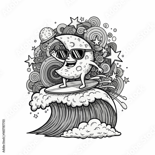 Moon surfing on a wave with stars and swirls background